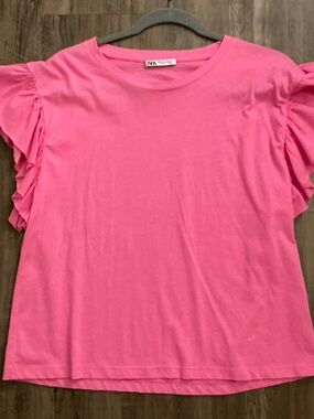 Zara Pink Ruffle Sleeve Tee, size S